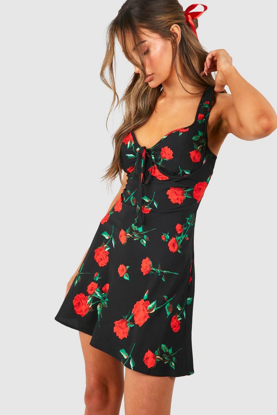 Vestido lencero mini de raso con estampado de rosas, Black