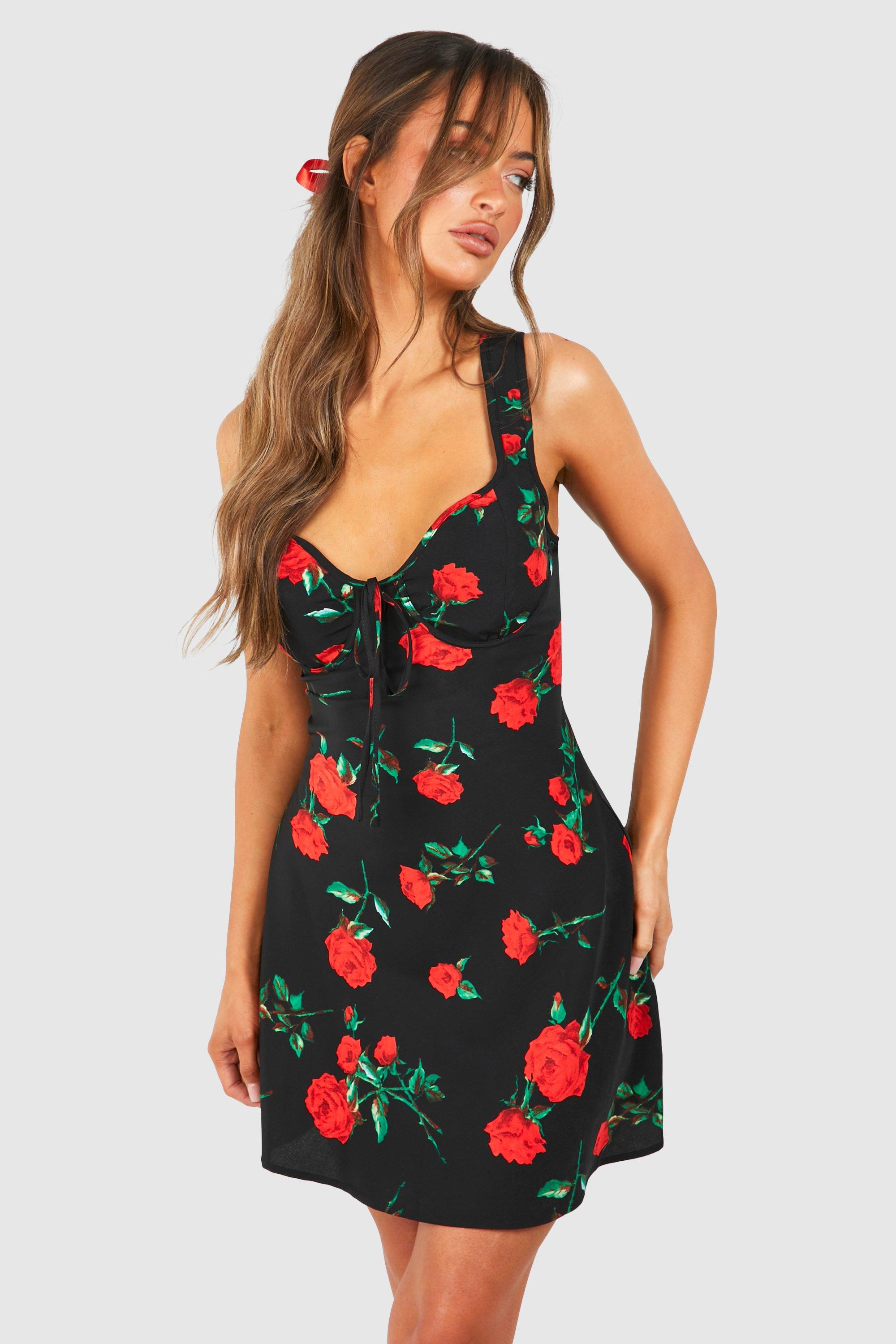 Black Rose Print Mini Dress