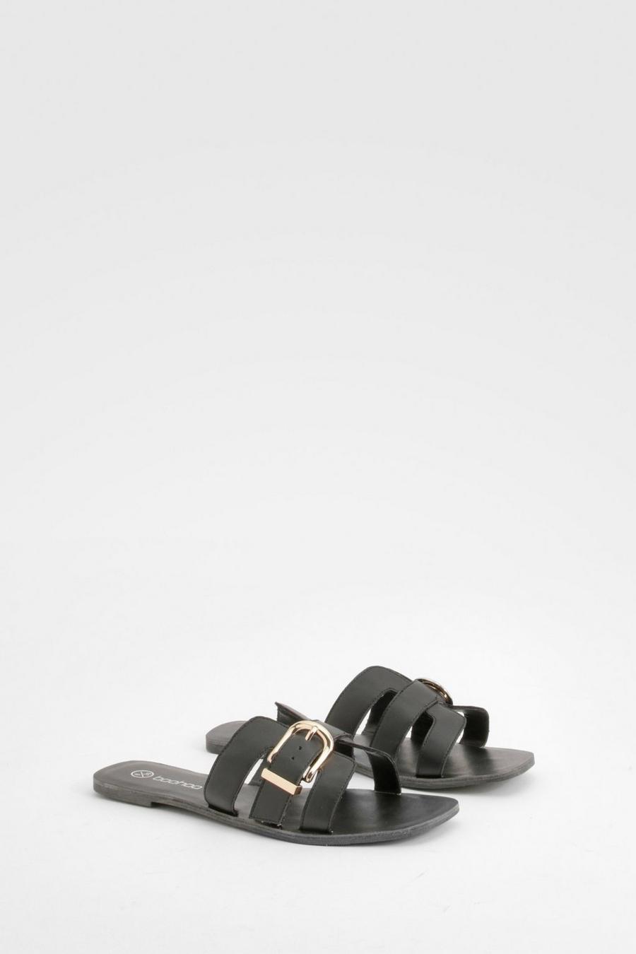 Black Buckle Detail Slip On Sandals image number 1