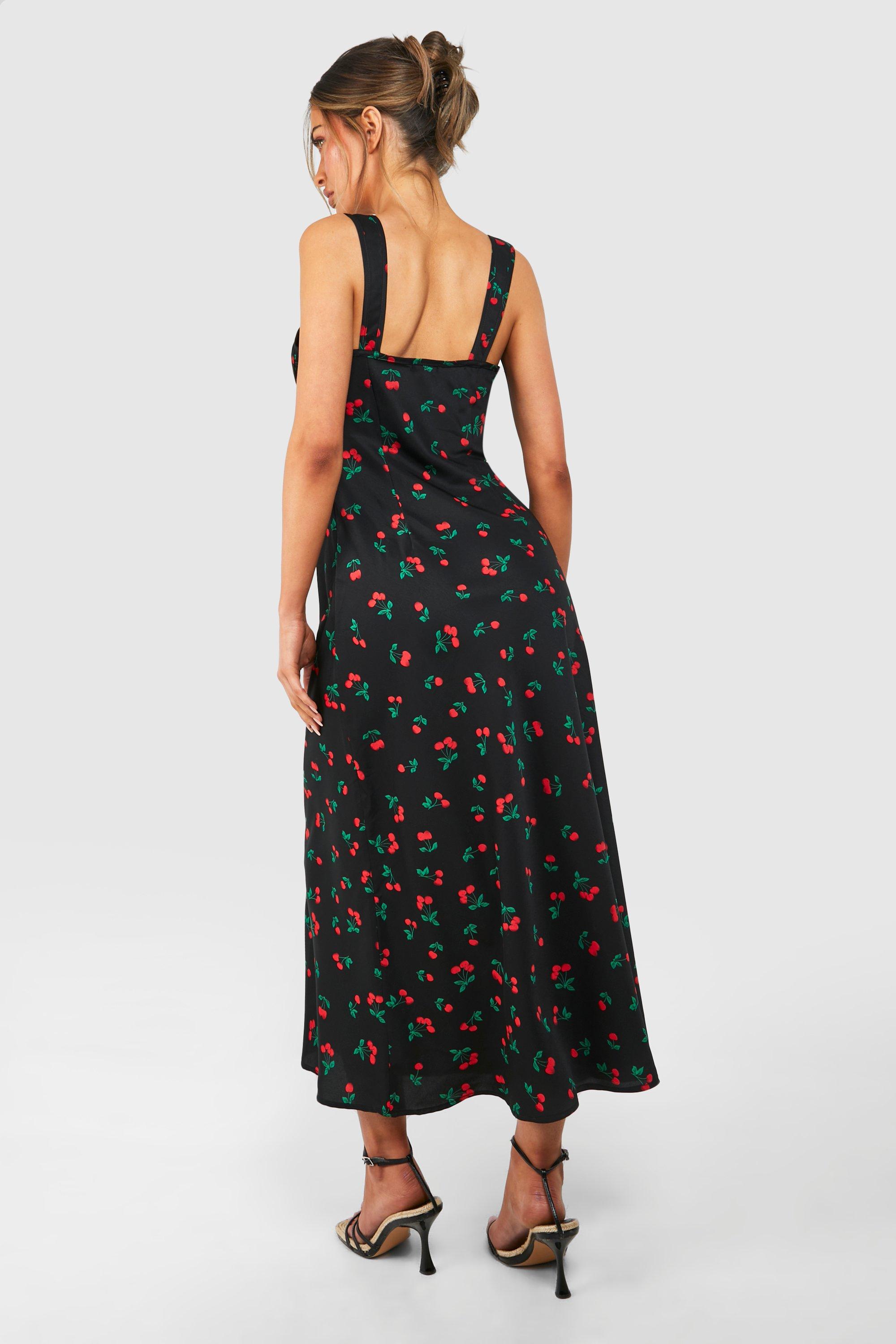 Cherry Print Satin Midaxi Dress