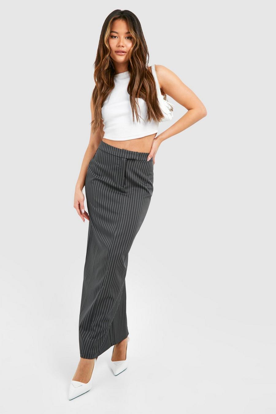 Grey Pinstripe Tailored Maxi Skirt  image number 1
