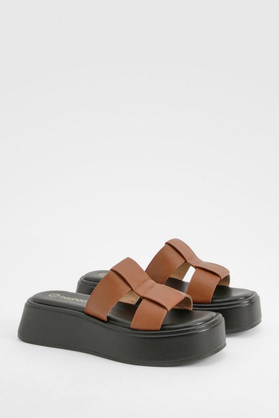 Tan Woven Slip On Flatform Sandals image number 1