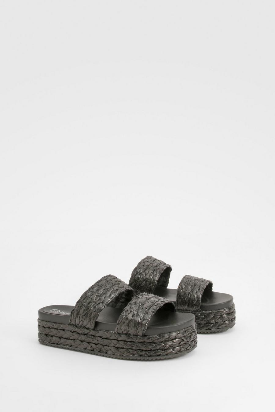 Black Double Strap Woven Flatform Sandals   image number 1