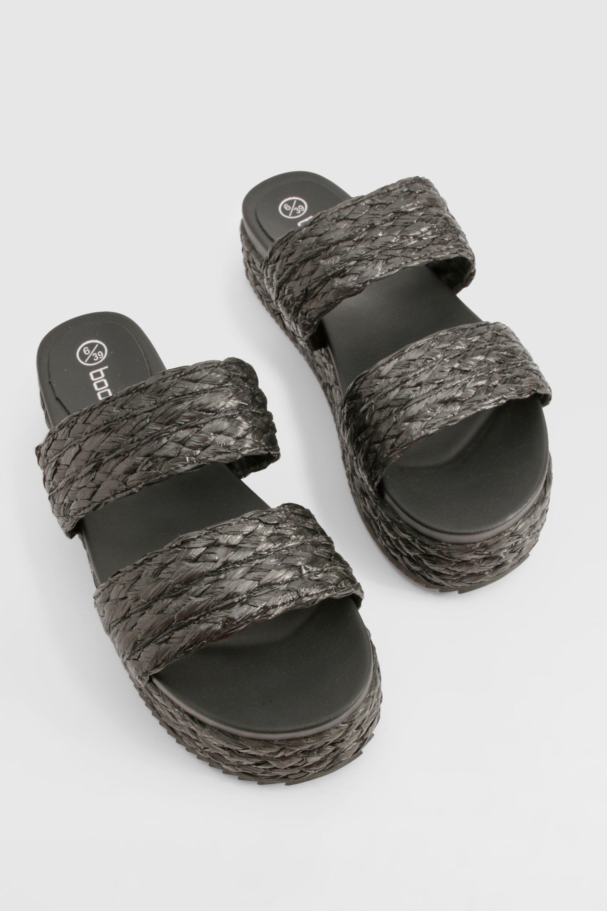 Boohoo Women s Double Strap Woven Flatform Sandals Black