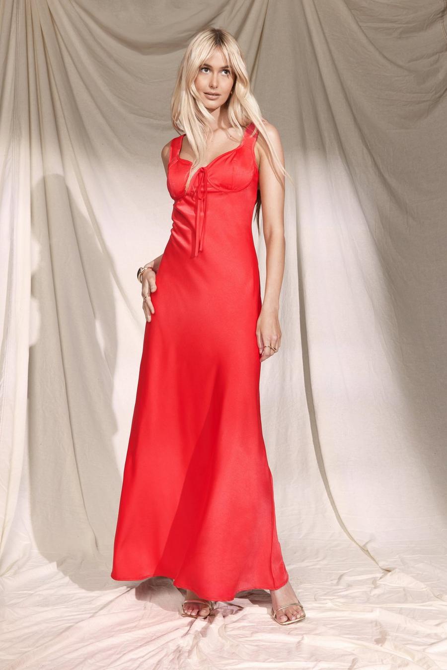 Red Satin Slip Maxi Dress image number 1