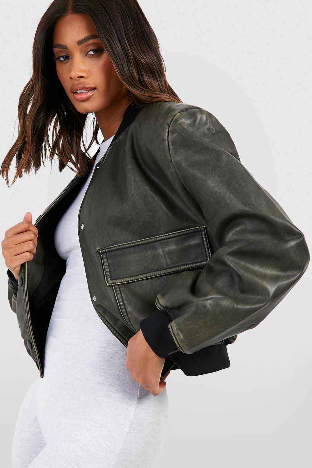 Pocket Detail Faux Leather Bomber