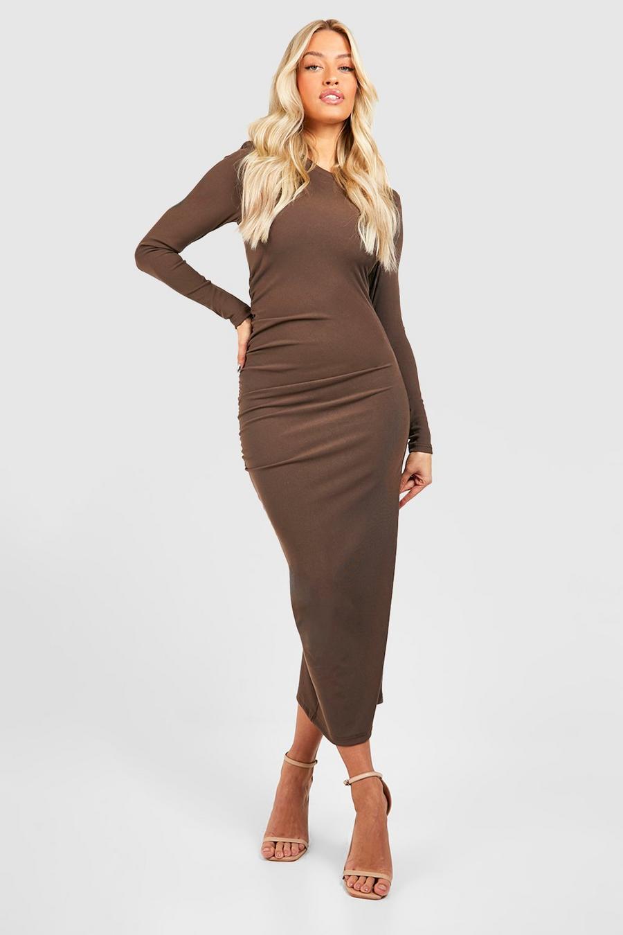 Langärmliges geripptes Premium Kleid mit drapiertem Detail, Brown image number 1