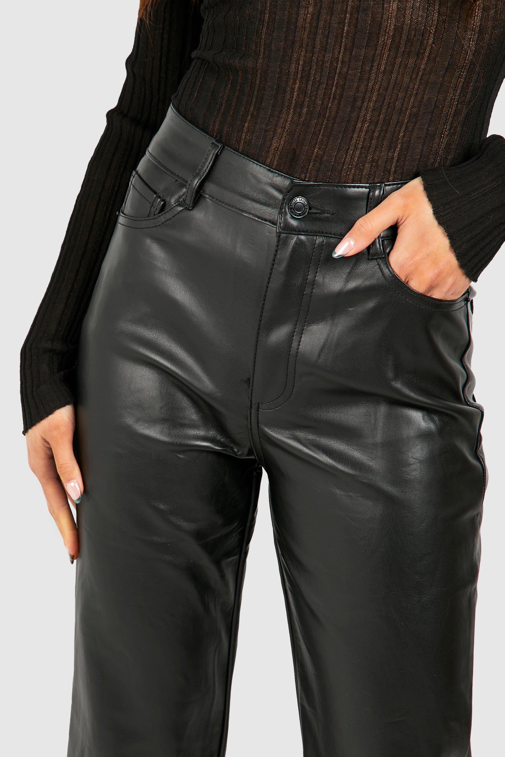 Stradivarius straight leg faux leather pants in black