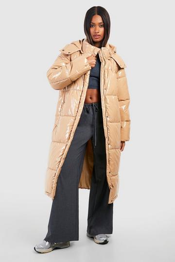 Beige Vinyl Hooded Maxi Puffer