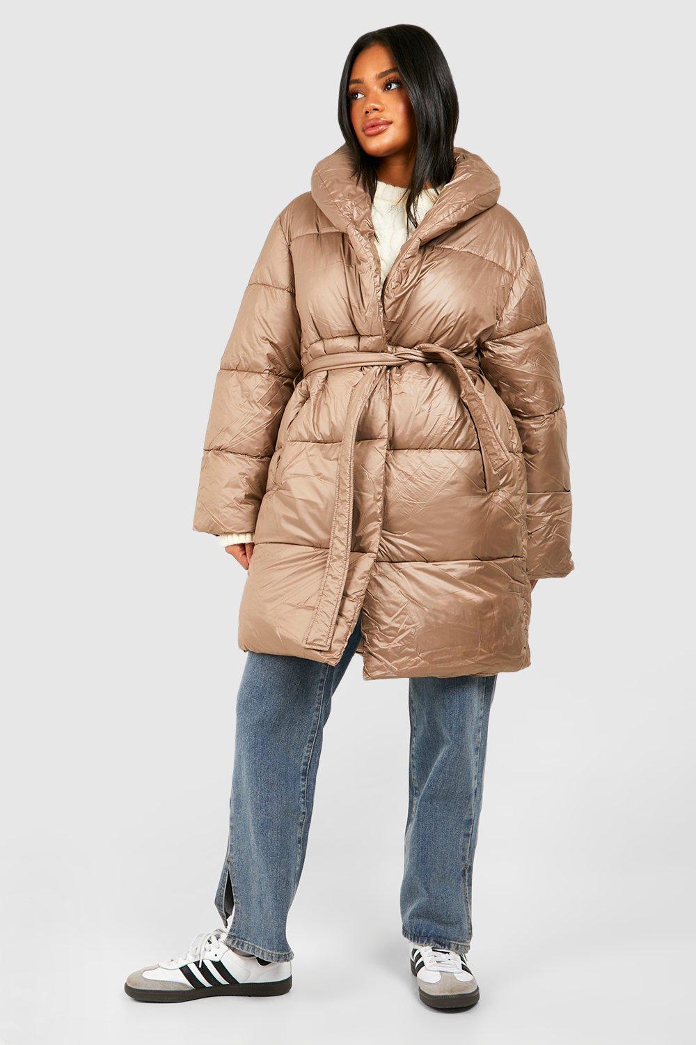 Taupe long puffer discount coat