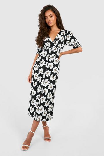 Floral Shirred Cuff Midi Dress black