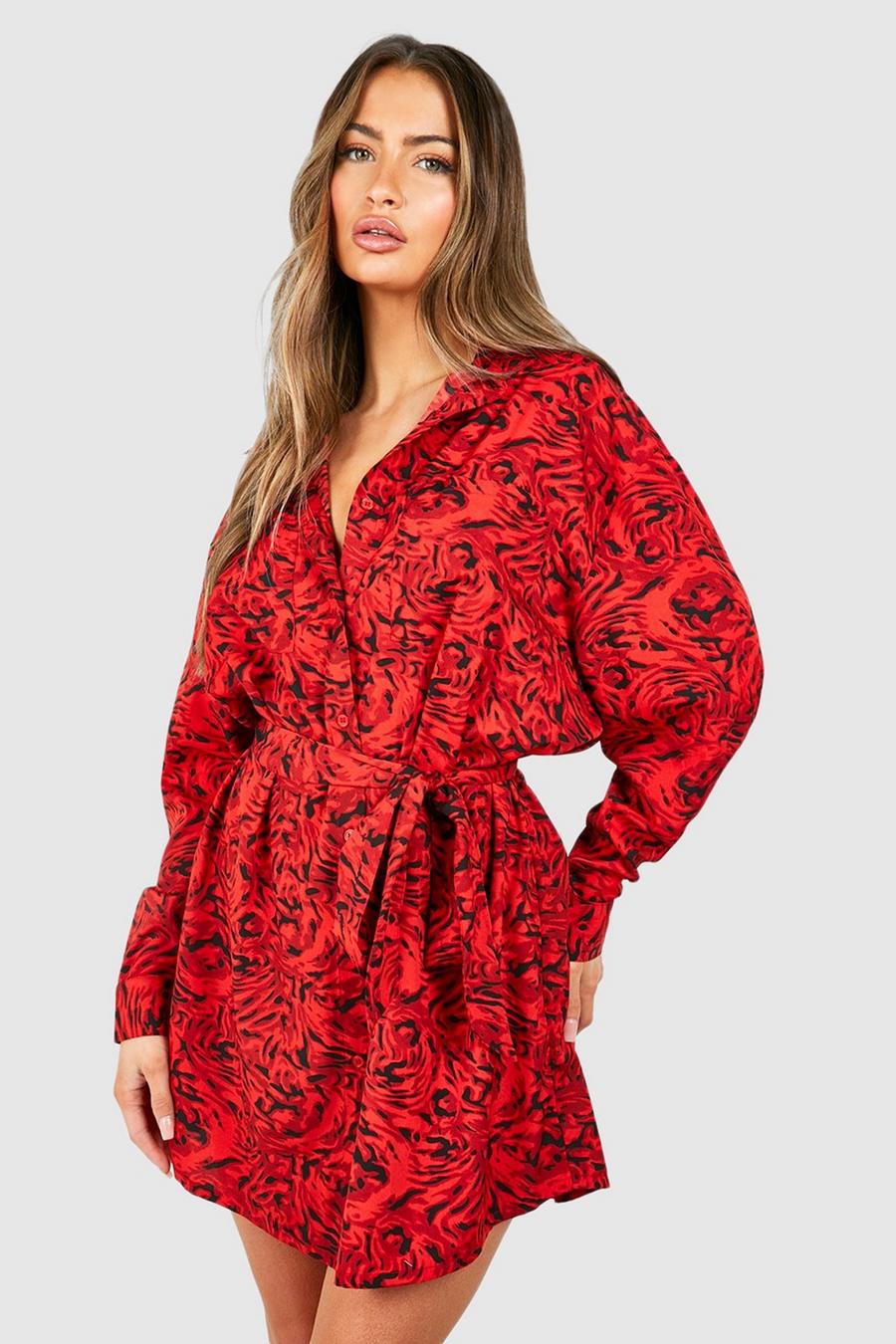 Red Floral Batwing Belted Shirt Dress