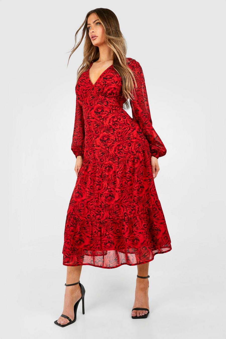 Red Floral Tiered Midi Smock Dress