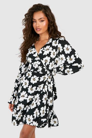 Floral Frill Wrap Dress black