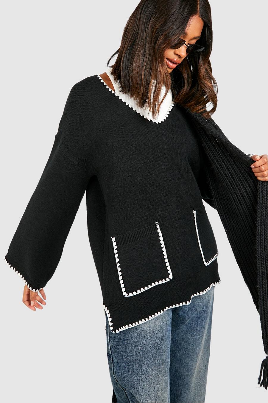 Black Contrast Stitch Sweater