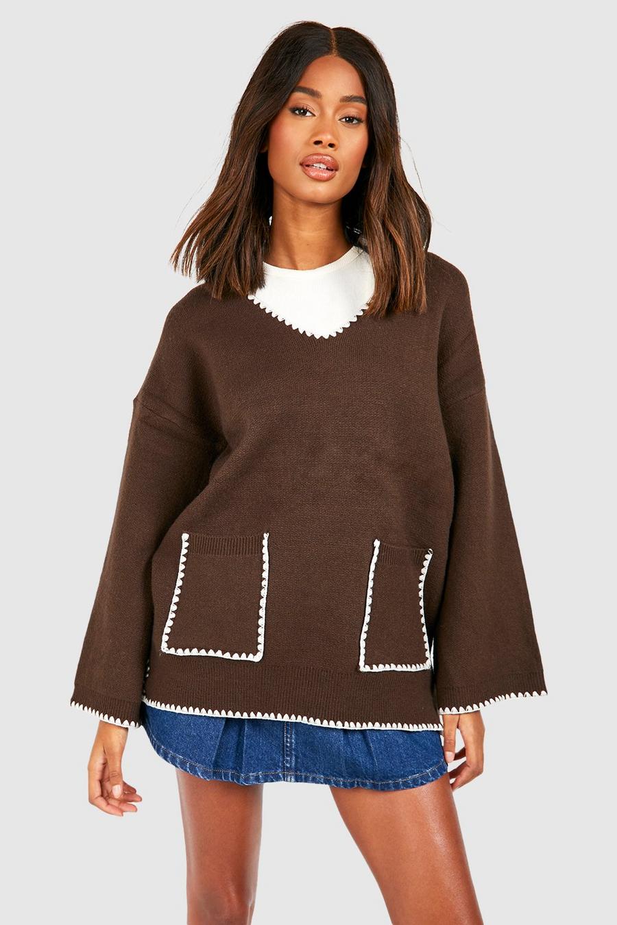 Chocolate Contrast Stitch Jumper image number 1