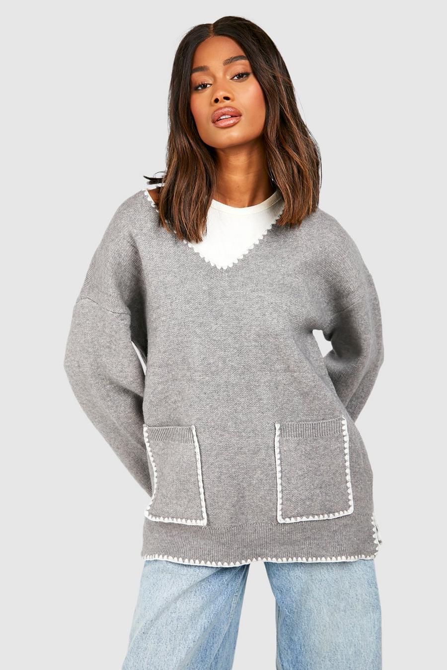 Grey Contrast Stitch Sweater image number 1