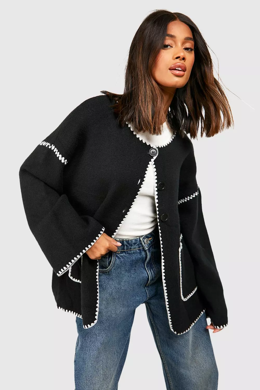 Contrast Stitch Oversized Cardigan