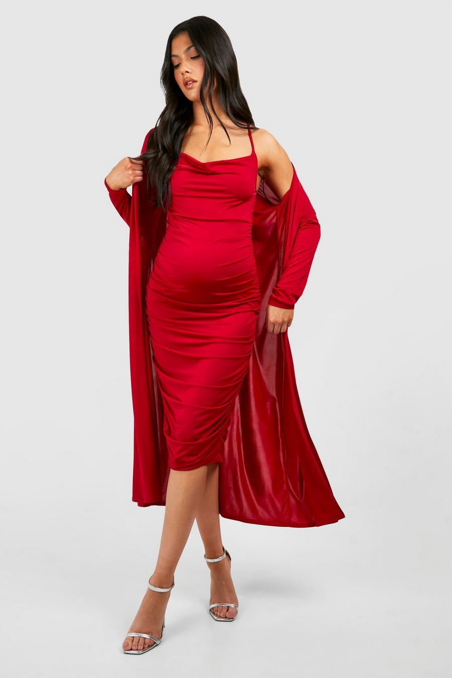 Red Maternity Strappy Cowl Neck Dress And Duster Coat