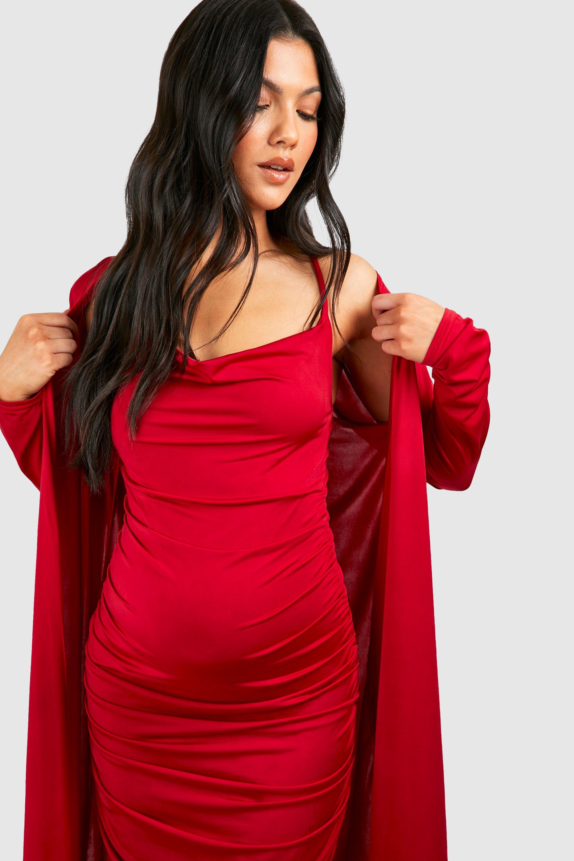 Boohoo Maternity Strappy Cowl Neck Dress And Duster Coat in Pink
