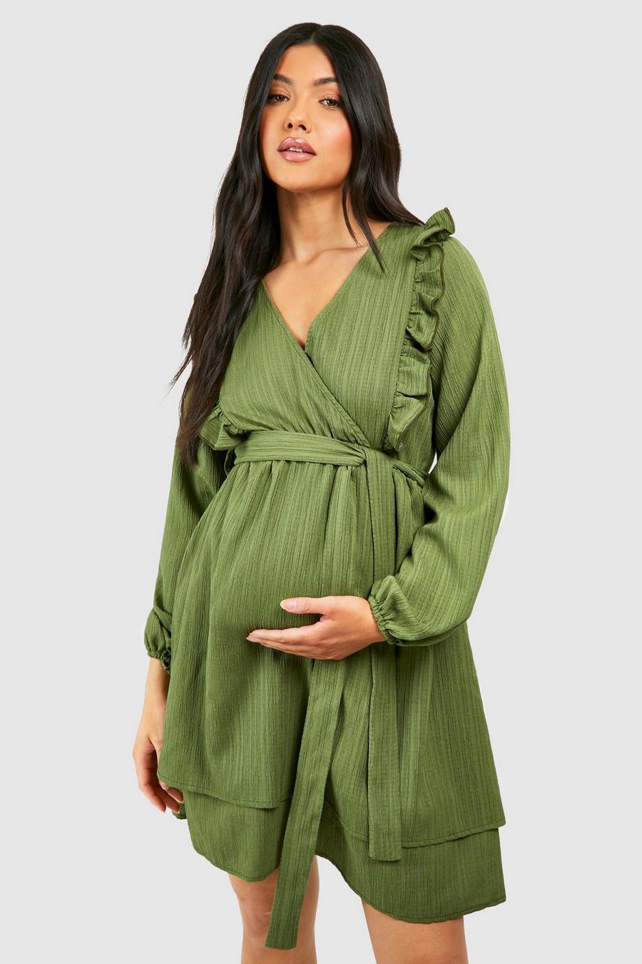 Maternité - Robe de grossesse texturée à col V et ceinture, Khaki image number 1