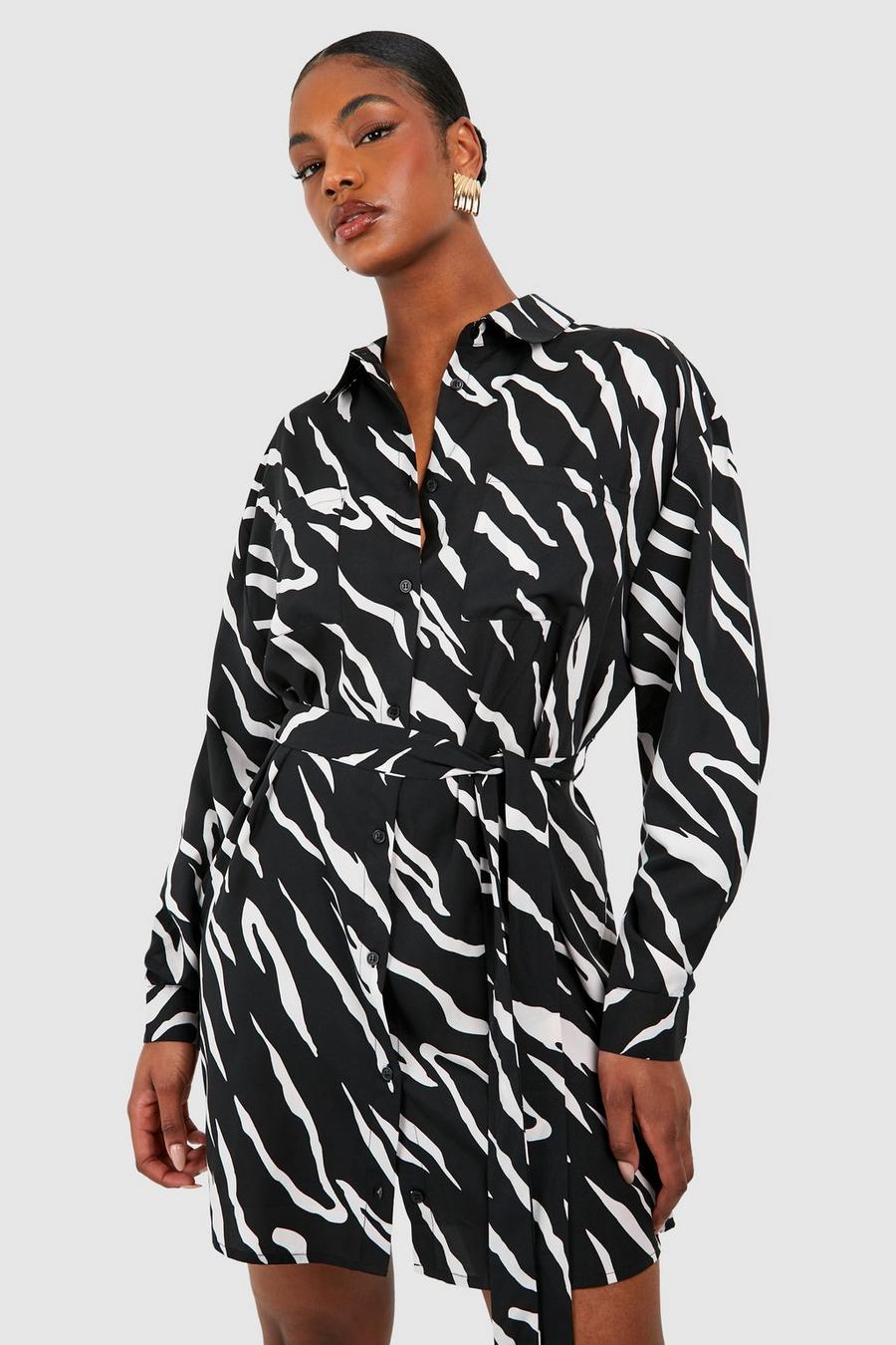 Black Tall Woven Zebra Belted Shirt Dress  image number 1
