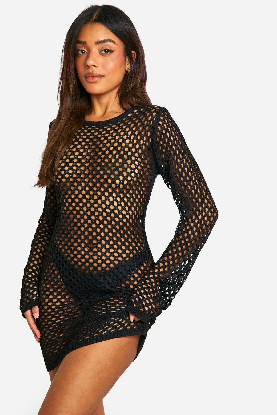 Black Crochet Cover-up Beach Mini Dress image number 1