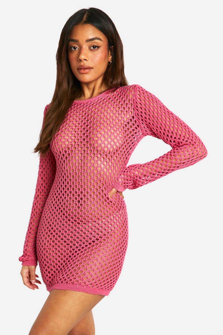 Pink Crochet Cover-up Beach Mini Dress image number 1