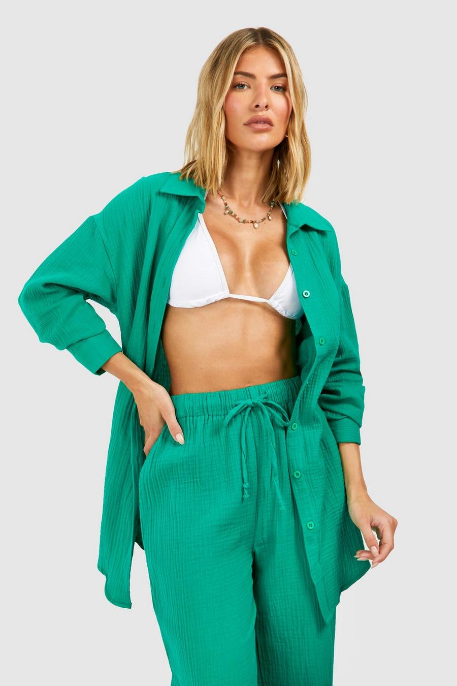 Green Crinkle Cotton Oversized Beach Shirt image number 1