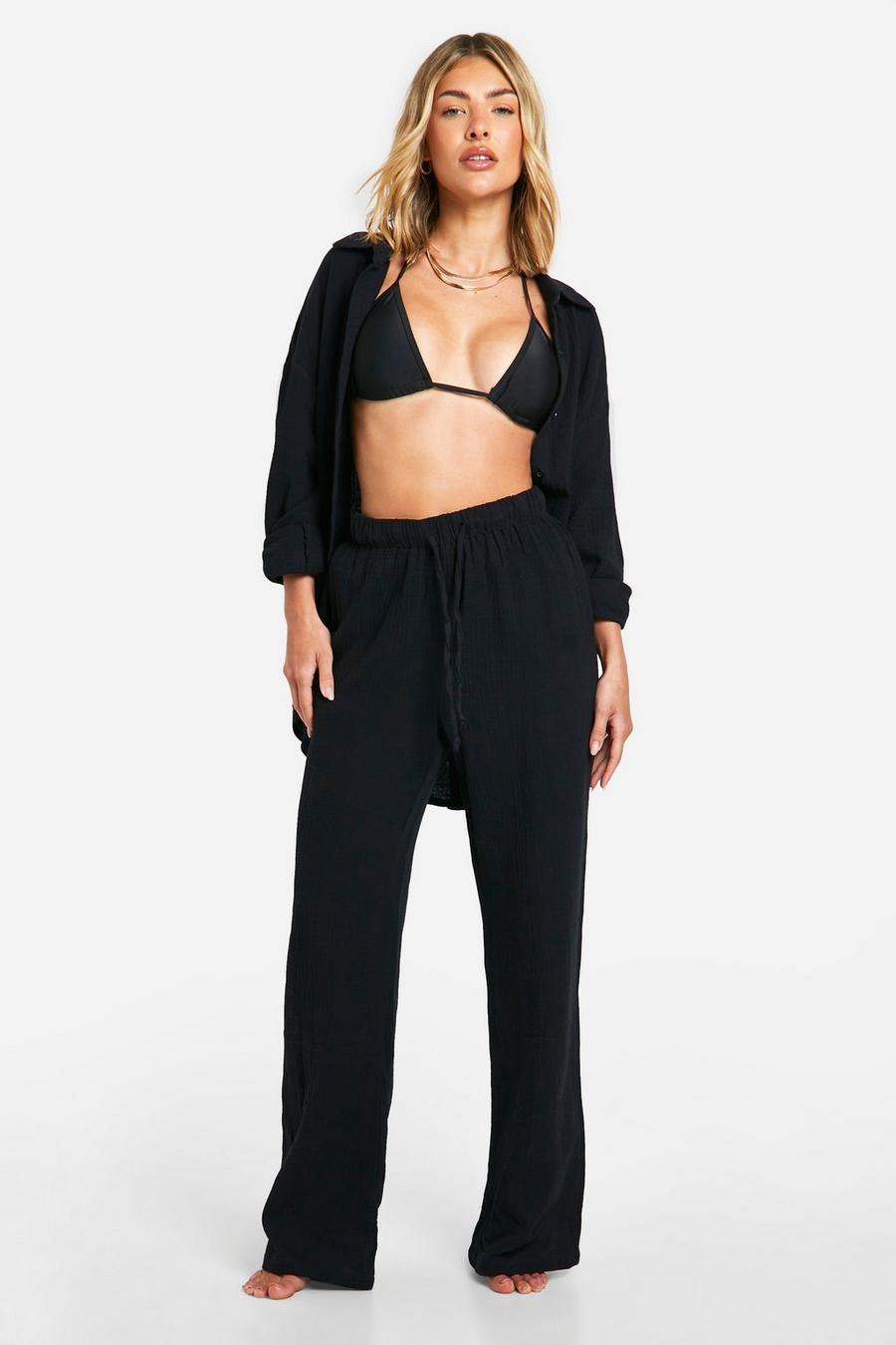 Black Crinkle Cotton Wide Leg Beach Trousers image number 1