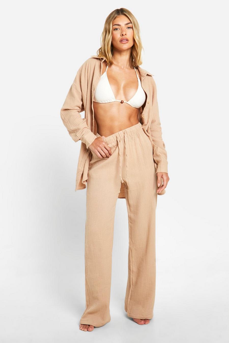 Sand Crinkle Cotton Wide Leg Beach Pants image number 1