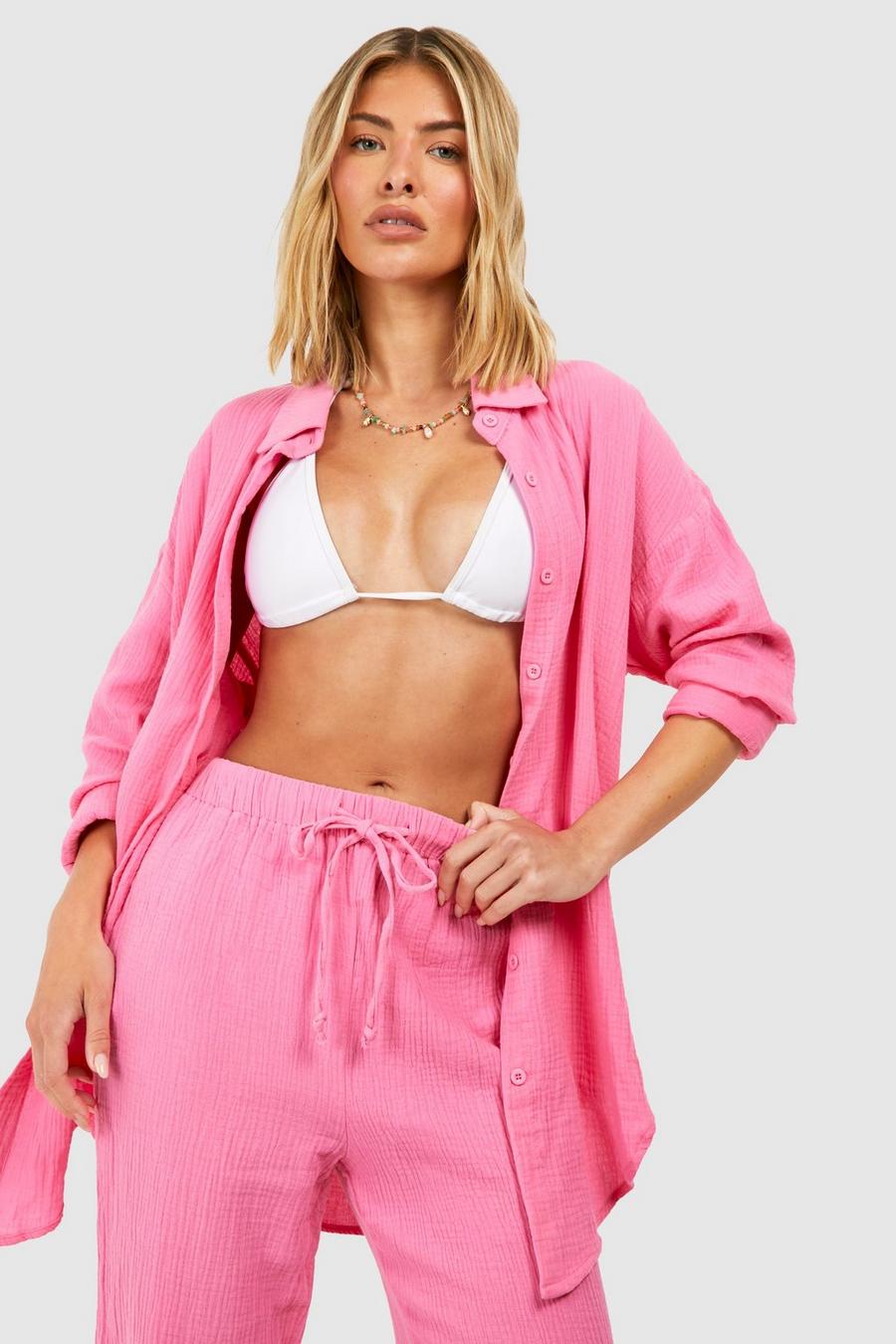 Camisa oversize para la playa de algodón fruncida, Pink image number 1