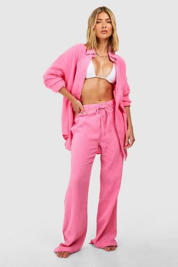 Crinkle Cotton Wide Leg Beach Pants pink