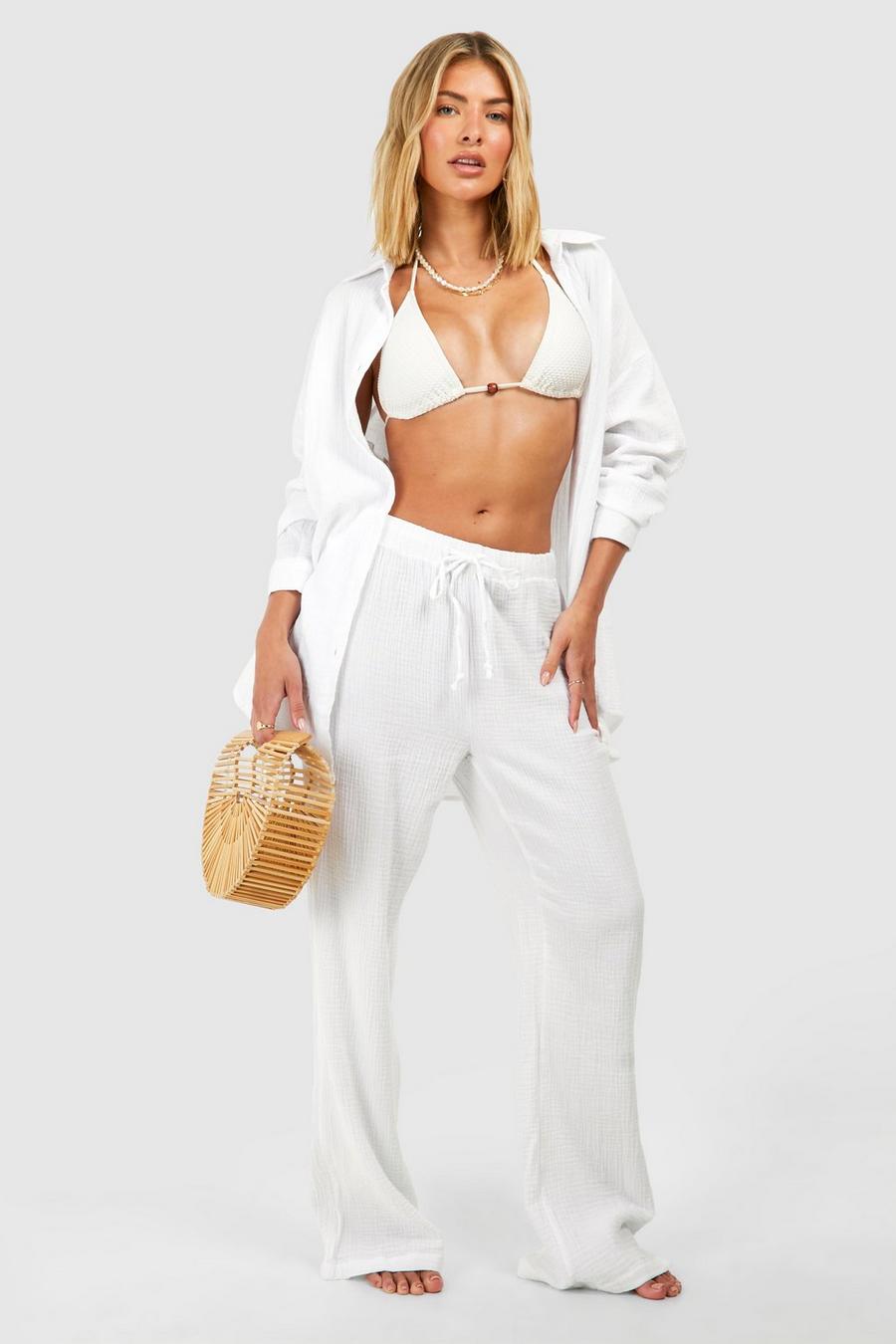 White Crinkle Cotton Wide Leg Beach Pants image number 1