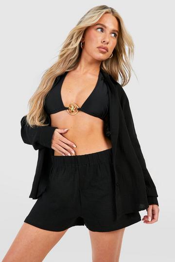 Crinkle Cotton Shirt & Short Beach Co-ord black