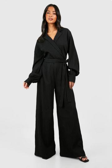 Black Petite Textured Wrap Wide Leg Jumpsuit