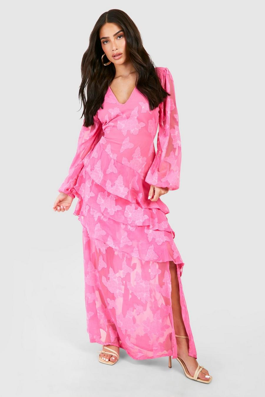 Pink Petite Blommig långklänning med volanger image number 1