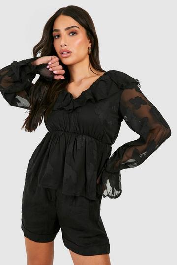 Petite Burnout Floral Frill Smock Top black