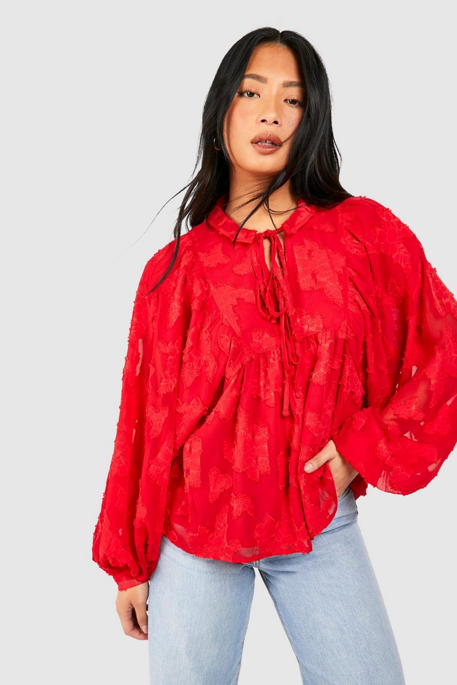 Red Petite Burnout Tie Front Shirt image number 1