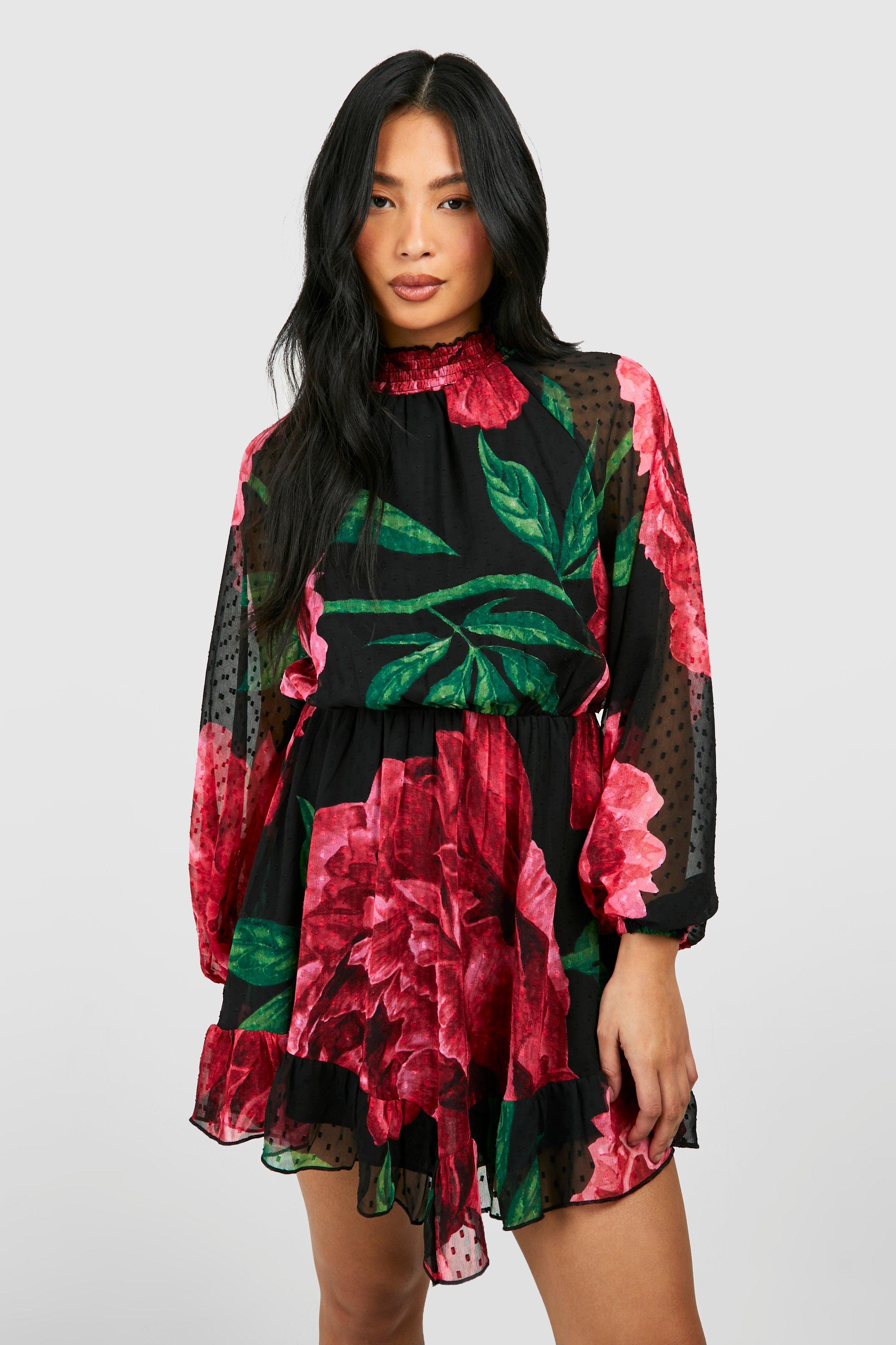 Petite Floral Dobby High Neck Smock Dress boohoo NO