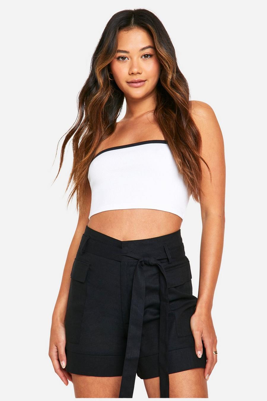 Black Utility High Waisted Linen Shorts image number 1