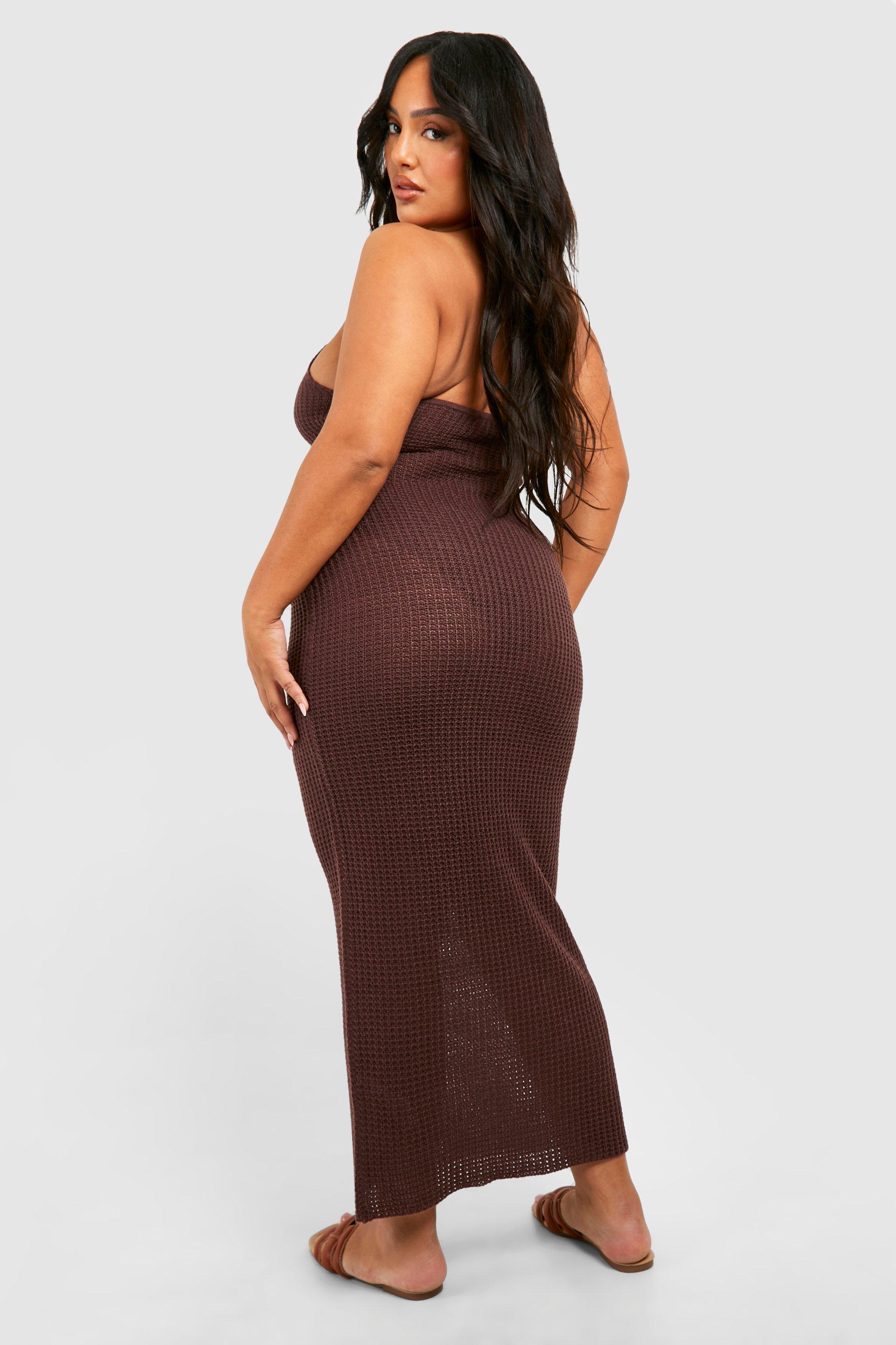 Crochet Halter Maxi Dress w/ Cut Outs by Elan - Chocolate Brown - Miss  Monroe Boutique