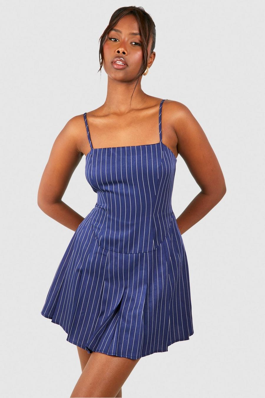 Navy Pinstripe Box Pleat Playsuit image number 1