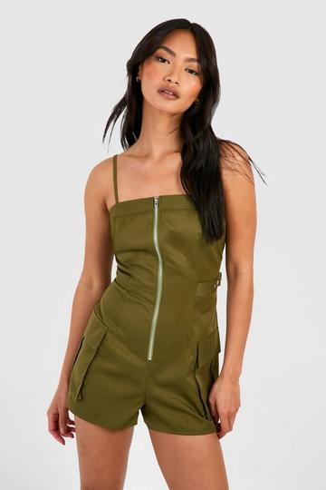 Utility Zip Detail Romper khaki