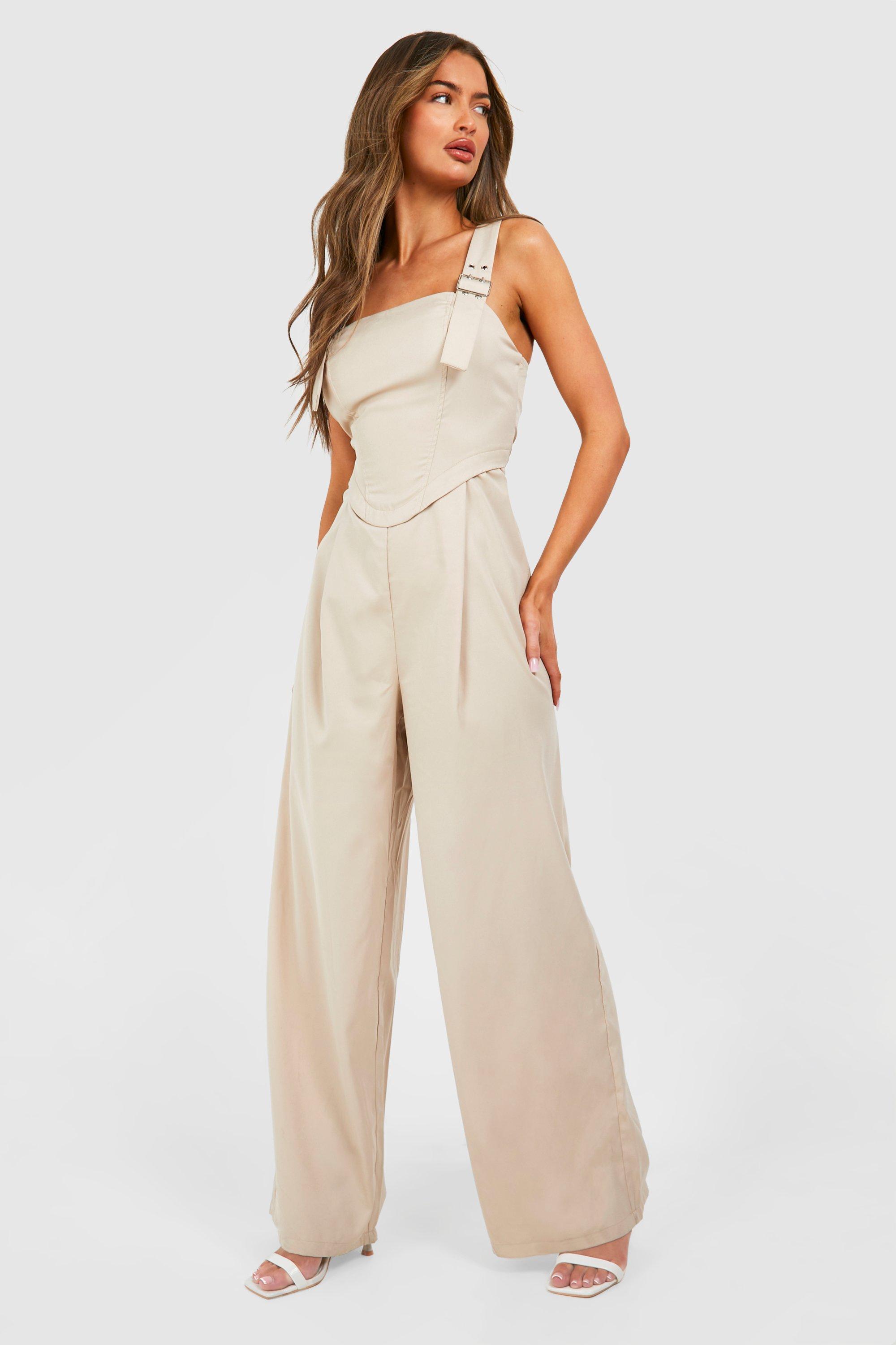 boohoo Buckle Strap Utility Jumpsuit Beige Size 12