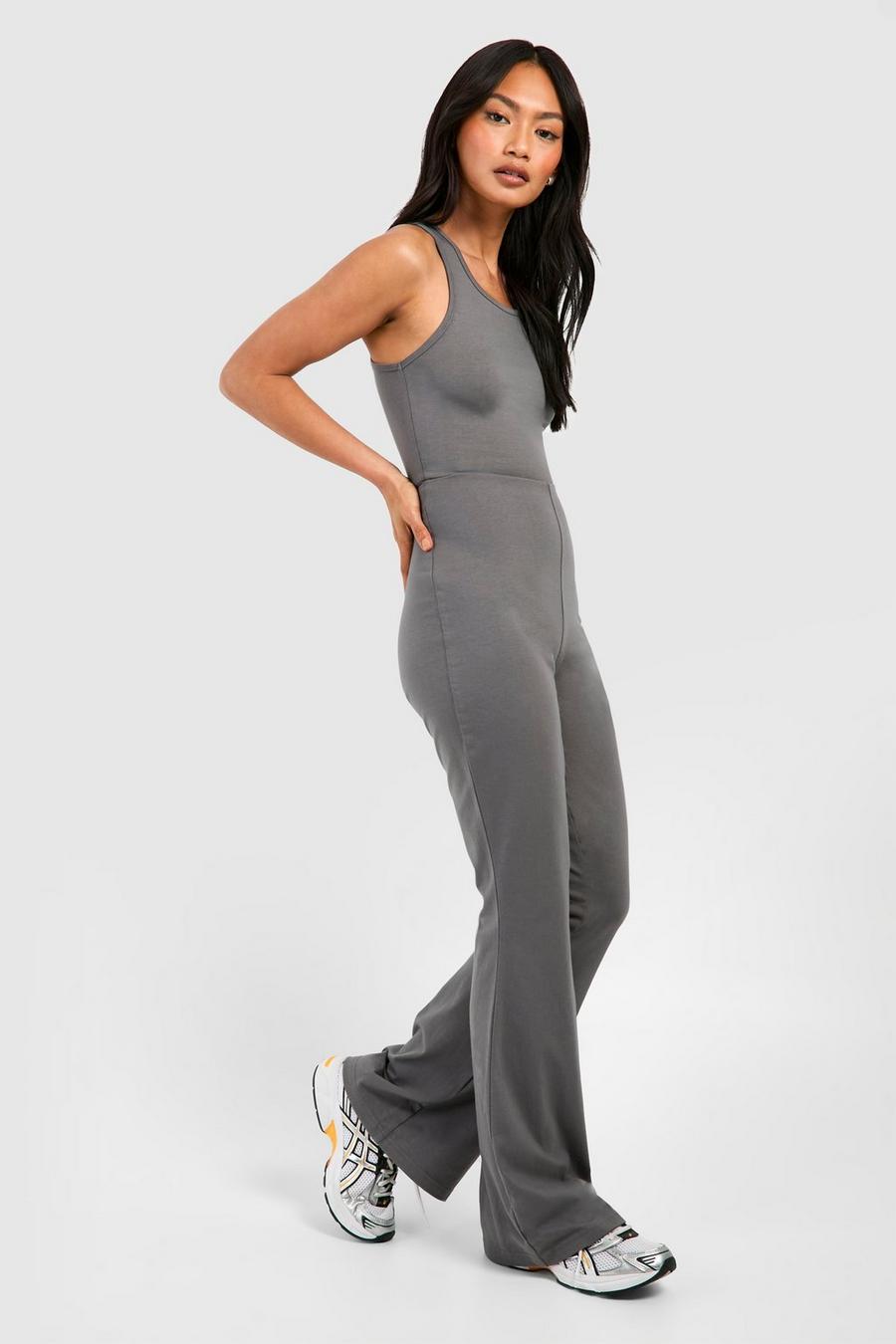 Charcoal Strappy Cotton Yoga Unitard Jumpsuit image number 1