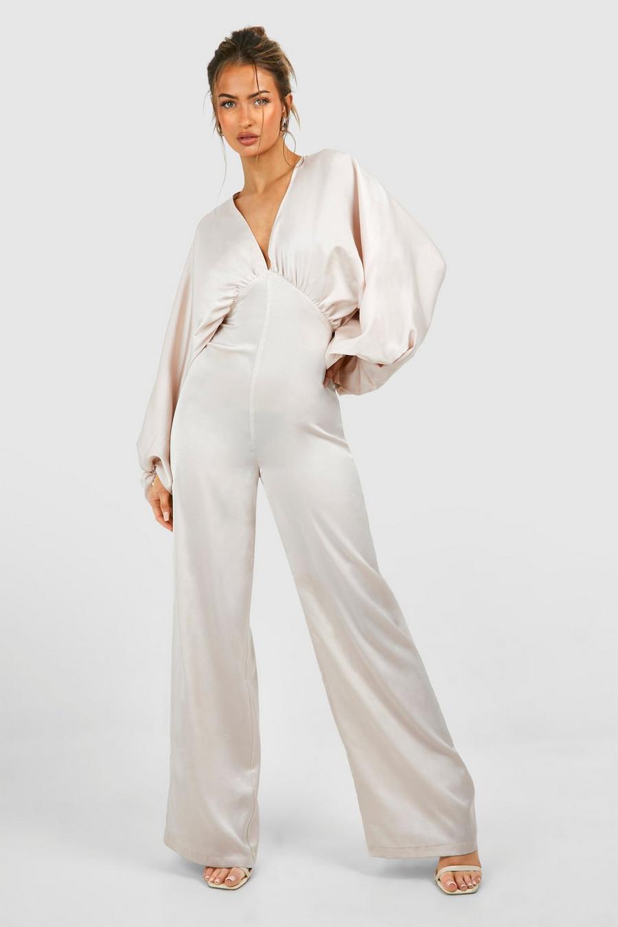 Champagne Matte Satin Extreme Sleeve Jumpsuit