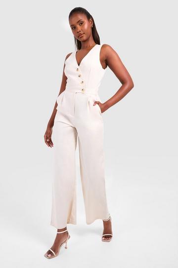 Waistcoat Detail Wide Leg Jumpsuit stone