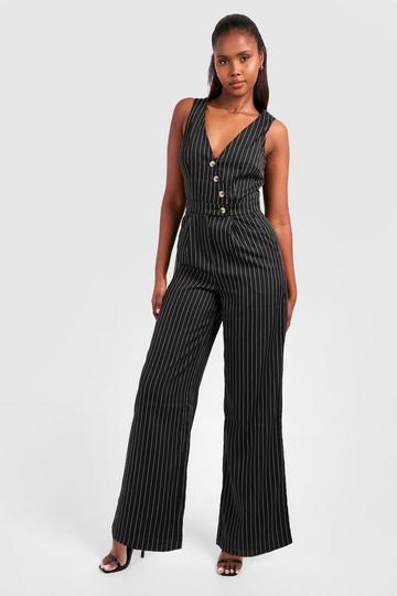 Pinstripe Waistcoat Detail Wide Leg Jumpsuit black