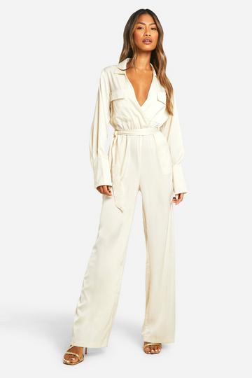 Matte Satin Utility Wrap Jumpsuit taupe